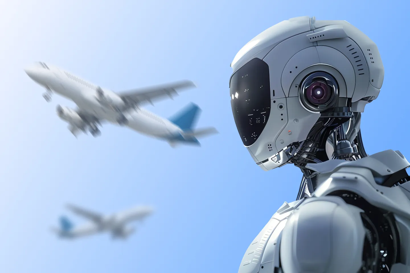 AI in tourism concept with a futuristic robot and airplanes, symbolizing artificial intelligence in tourism.