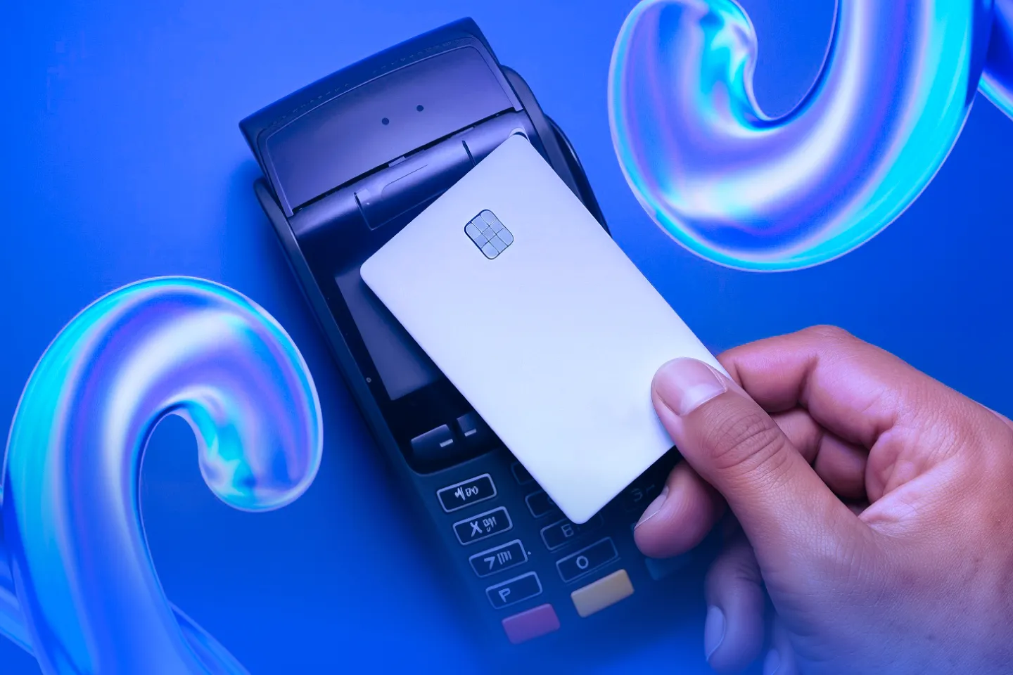 AI in banking concept with a payment terminal and bank card being used, representing AI-driven financial transactions.