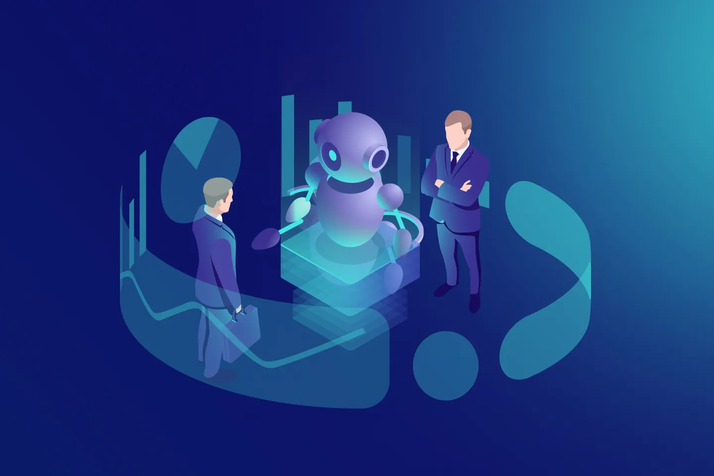 AI in Business concept with a robot interacting with professionals on a digital interface.