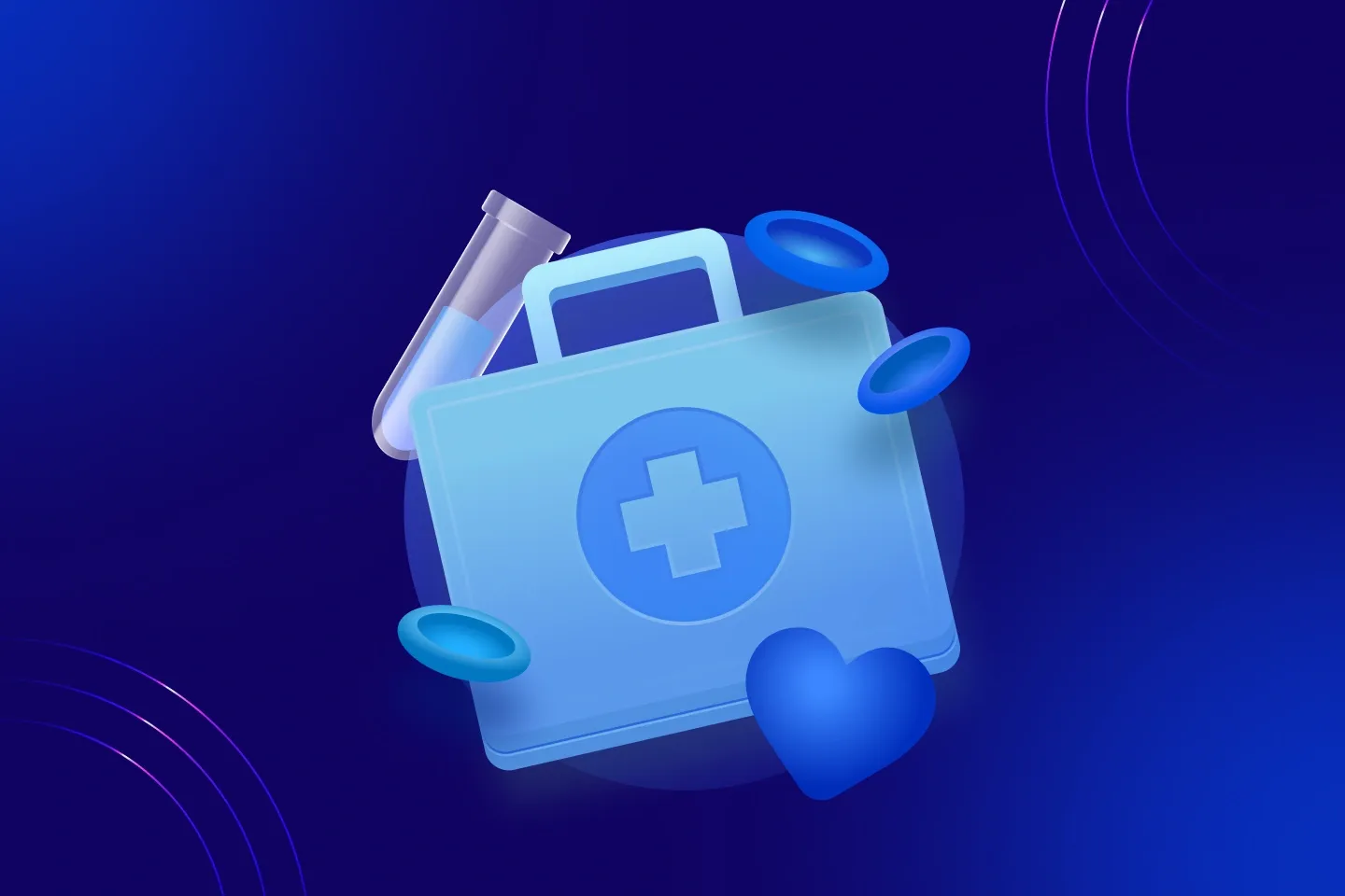 Medical kit with health symbols and test tube representing AI in healthcare advancements and technology-driven solutions.