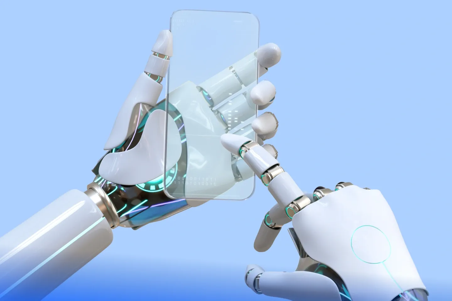 AI recruiting with robotic hands using a transparent digital screen, symbolizing automation in the hiring process.