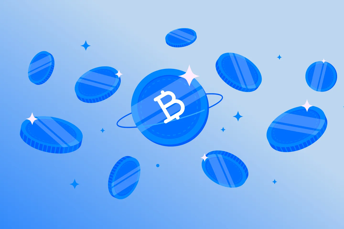 Crypto token concept with floating coins featuring a Bitcoin symbol, representing cryptocurrency and blockchain assets.
