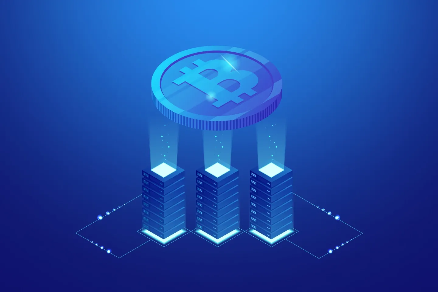 Bitcoin coin over digital servers representing blockchain data storage and inscriptions. what are ordinals bitcoin.