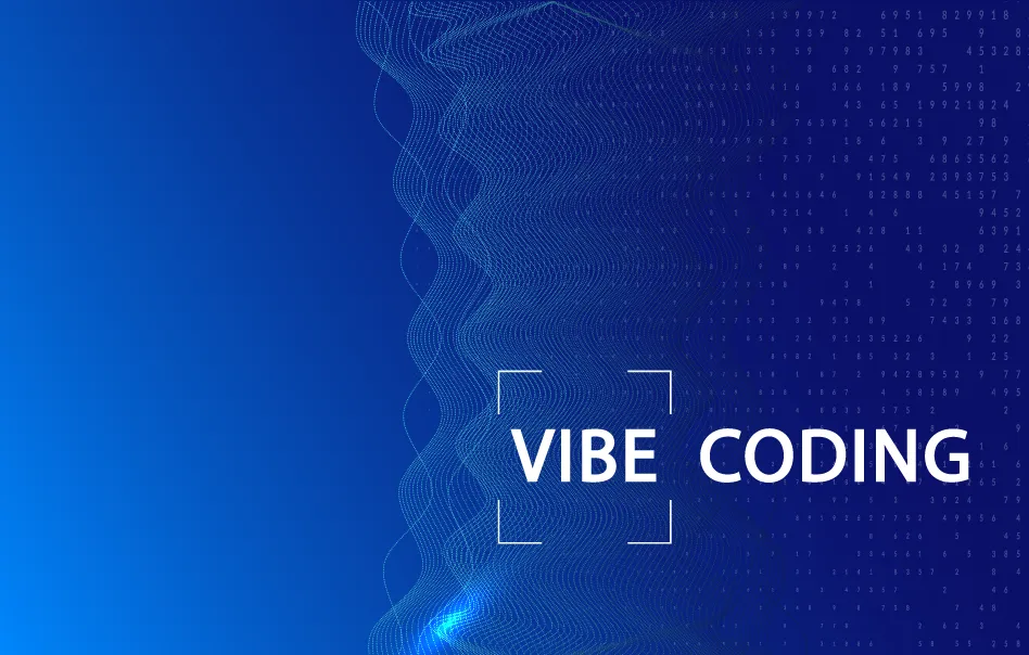 An artwork with a blue background, wave patterns, and code. The text is displayed in white with a futuristic design.